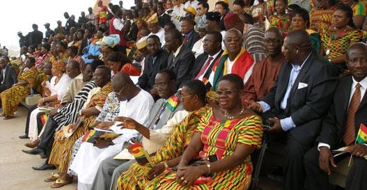 Golden Jubilee Parade: NDC members’ tribune (photo: C. Lentz). Front row, first from right: Hon. Akua Sena Dansua; fifth from right: Prof Atta Mills
