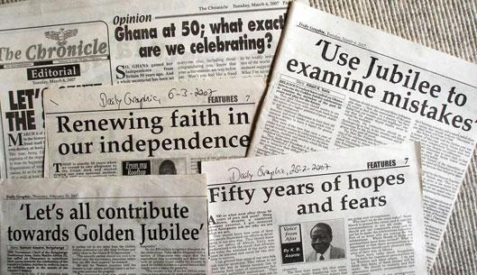 Public discussion on Independence celebrations, exemplified by Ghanaian newspaper headlines (Daily Graphic and The Chronicle).