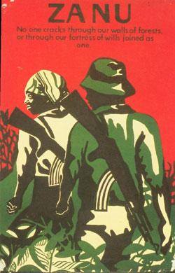 Die Plakate der Befreiungsbewegungen entwickelten eigene Stile. Viele der Poster zeigen Frauen und Männer in bäuerlicher Kleidung, mit AK47.