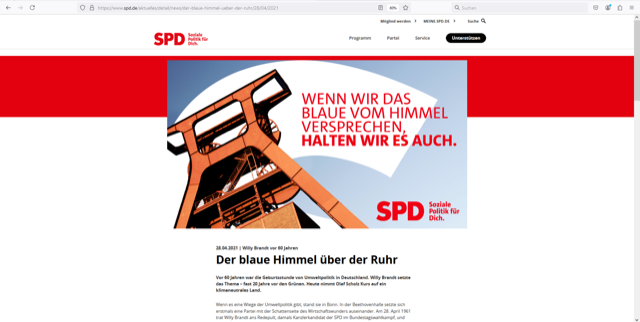 Noch heute traditionsfähig. Blogbeitrag auf der Website der SPD anlässlich 60 Jahre „Der blaue Himmel über der Ruhr“, Quelle: https://www.spd.de/aktuelles/detail/news/der-blaue-himmel-ueber-der-ruhr/28/04/2021, Screenshot: Daniel Benedikt Stienen.