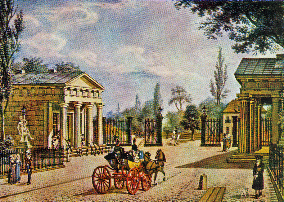 Das Potsdamer Tor in Berlin, circa 1824. Aquarell mit Federzeichnung. Wolfgang Schneider: Berlin. Gustav Kiepenheuer Verlag, Leipzig und Weimar 1983, S. 215. Quelle: Wikimedia Commons. Public Domain.