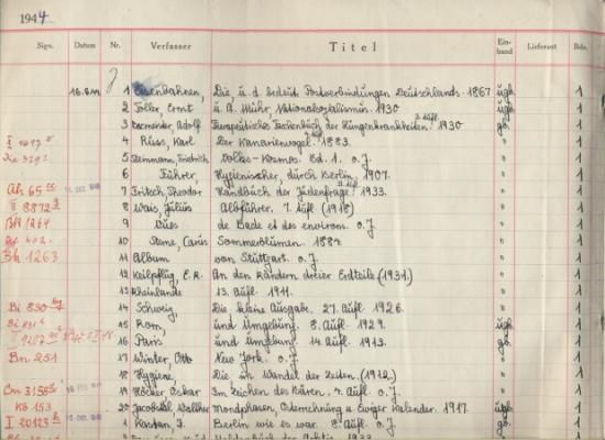 Die erste Seite des „Zugangsbuchs J“ der Berliner Stadtbibliothek (heute Berliner Zentral- und Landesbibliothek) aus dem Jahr 1944. Von etwa 40.000 Büchern, die aus dem Besitz deportierter Juden stammen und die die Stadtbibliothek „übernahm“, wurden bis April 1945 knapp 2.000 Exemplare in dem Zugangsbuch vermerkt. Davon konnten bislang 13 Bücher restituiert werden, ZLB Berlin.