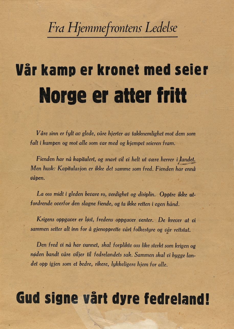 Aufruf der norwegischen Widerstandsbewegung zum 8. Mai 1945, Plakatsammlung der norwegischen Nationalbibliothek