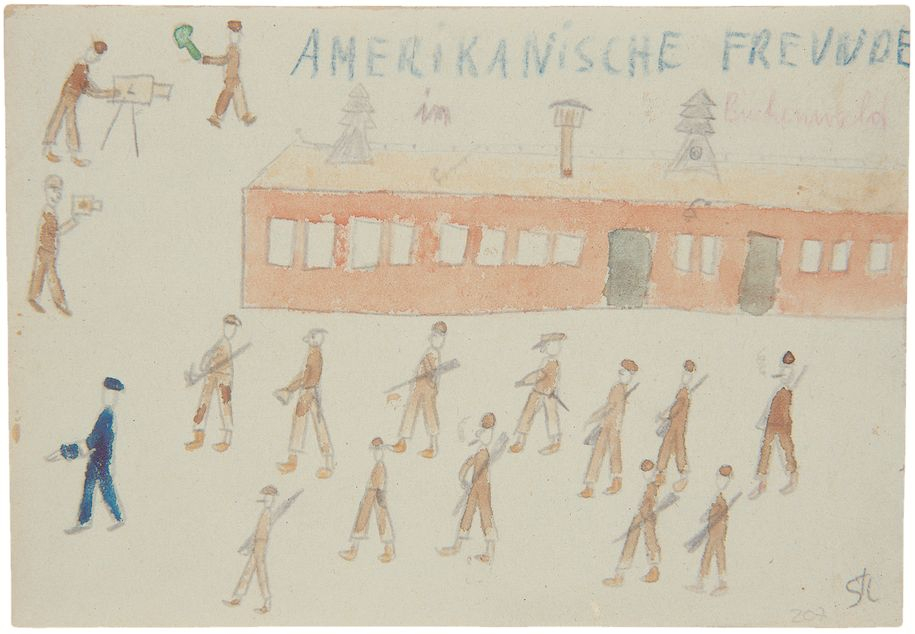 Amerikanische Freunde in Buchenwald, 1945, Zeichnung von Thomas Geve. © Yad Vashem