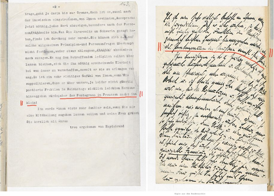 Abb. 1 und 2: Links: Digitalisat des Schreibmaschinenmanuskripts; Rechts: Digitalisat der Handschrift. Bundesarchiv (folgend: BArch) N 2329/1, Bl. 161v, 163. (rote Markierungen L.B.).