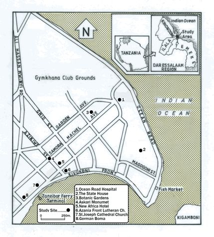 Important German Colonial Sites in Dar es Salaam. Map made for this paper by Costa Mahuwi.