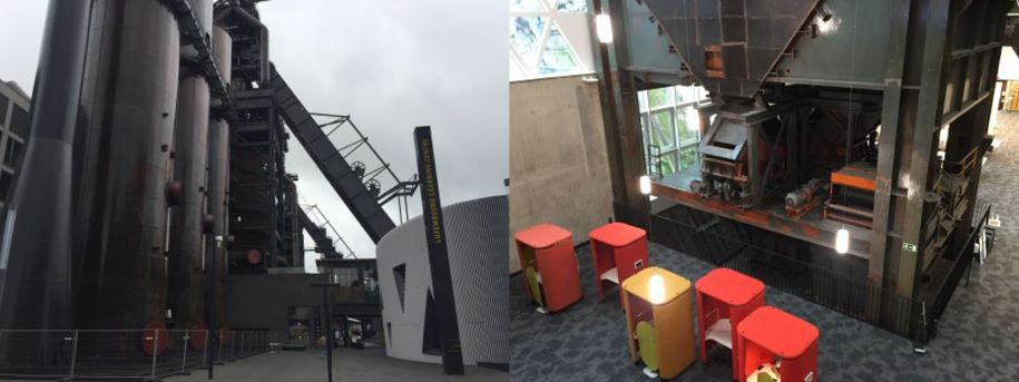 Die Universität Luxemburg ist architektonisch sehr spannend. Wobei die Entscheidung, ob der Campus auf dem Gelände des ehemaligen Stahlwerkes entstehen soll, umstritten war.Links: Blick auf den Campus: es stehen sich die Reste des Stahlwerkes und die Universitätsbibliothek gegenüber. Rechts: Auch in den Räumen der Bibliothek finden sich Elemente der Industriearchitektur neben kleinen Lesezelten, Fotos: ©Annette Schuhmann, September 2021
