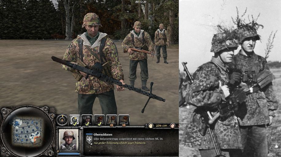Links: Obersoldaten des Oberkommandos West mit charakteristischen Camouflage-Uniformen der Waffen-SS, Quelle: Company of Heroes 2 © SEGA, Screenshot: Daniel Bosch. Rechts: Abbildung 4: Zwei Soldaten der Waffen-SS bei der Ausbildung mit Maschinenpistolen, Klappspaten und leicht getarnten Stahlhelmen, Quelle: Bundesarchiv, Bild 101III-Weyer-036-28A / Weyer / CC-BY-SA 3.0.