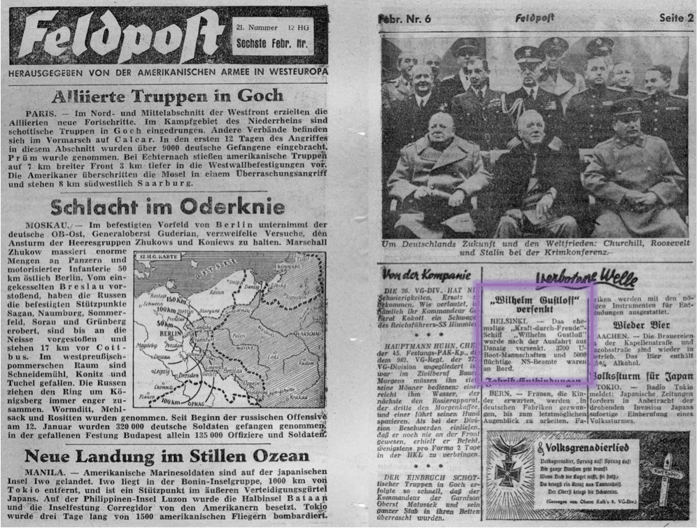 Flyer „Feldpost", hrsg. „Amerikanische Armee in Westeuropa" No. 6, February 1945 Flyer „Feldpost", hrsg. „Amerikanische Armee in Westeuropa" No. 6, February 1945