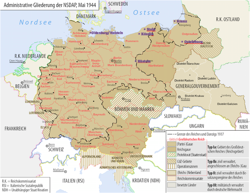 Karte Großdeutsches Reich, 1944. Quelle: Bennet Schulte/Wikipedia (Urheber) / CC-BY-SA Karte Großdeutsches Reich, 1944. Quelle: Bennet Schulte/Wikipedia (Urheber) / CC-BY-SA