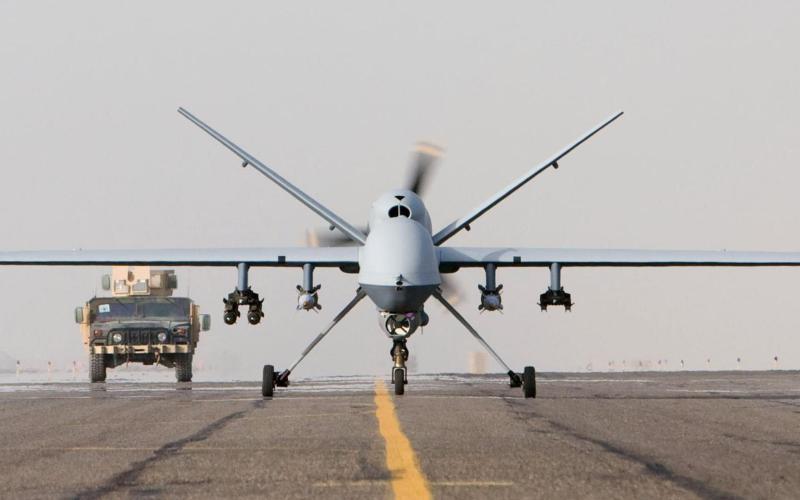 MQ-9 Reaper taxiing after a mission in Afghanistan, 1 October 2007. Photo by U.S. Air Force (Public Domain); Wikimedia Commons.