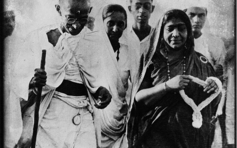 Gandhi and Mrs Sarojini Naidu. Picture taken during the Salt March.