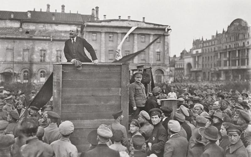 Vladimir Ilyych Lenin addresses Red Army troops headed for the Polish front at the Bolshoi Theatre in Moscow, 1920.
