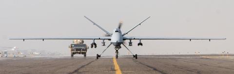 MQ-9 Reaper taxiing after a mission in Afghanistan, 1 October 2007. Photo by U.S. Air Force (Public Domain); Wikimedia Commons.
