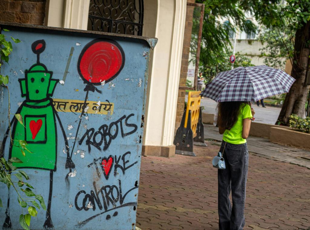 Links ein Graffiti mit der Aufschrift "Robots take control", rechts eine junge Frau mit Regenschirm
