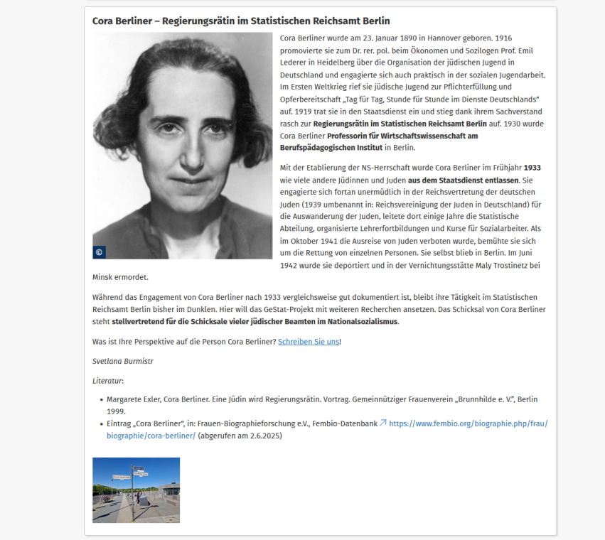 Beispiel aus der Rubrik AmtsMenschen: „Cora Berliner – Regierungsrätin im Statistischen Reichsamt Berlin“, mit Portrait von Cora Berliner aus Yad Vashem Photo Archive 3566/7 und Foto des Denkmals für die ermordeten Juden Europas von Uwe Neumärker. 