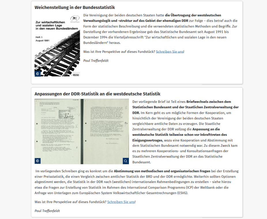 Beiträge aus der Rubrik Archivschätze: „Weichenstellung in der Bundesstatistik“ und „Anpassungen der DDR-Statistik an die westdeutsche Statistik“ mit Schriftstücken aus der Bibliothek des Statistischen Bundesamtes, Wiesbaden.