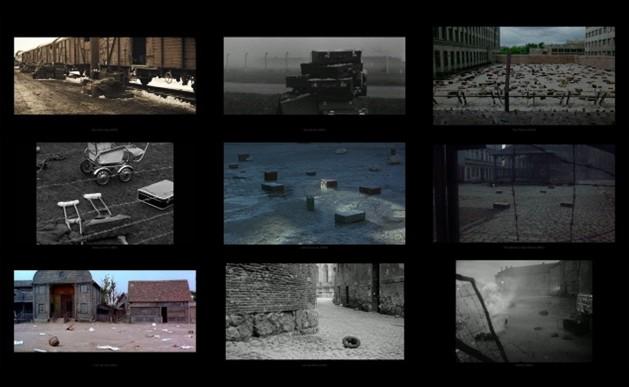 HOLOFICTION-Collage „Emptiness“, darunter wiederkehrend der Koffer als „Superzeichen“ des medialen Gedächtnisses (nach Tobias Ebbrecht-Hartmann)