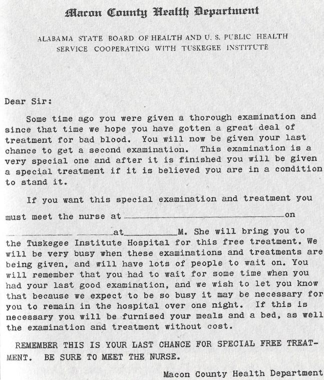 Einladungsschreiben zur Teilnahme an einer „Sonderbehandlung“ im Rahmen der Tuskegee-Syphilis-Studie