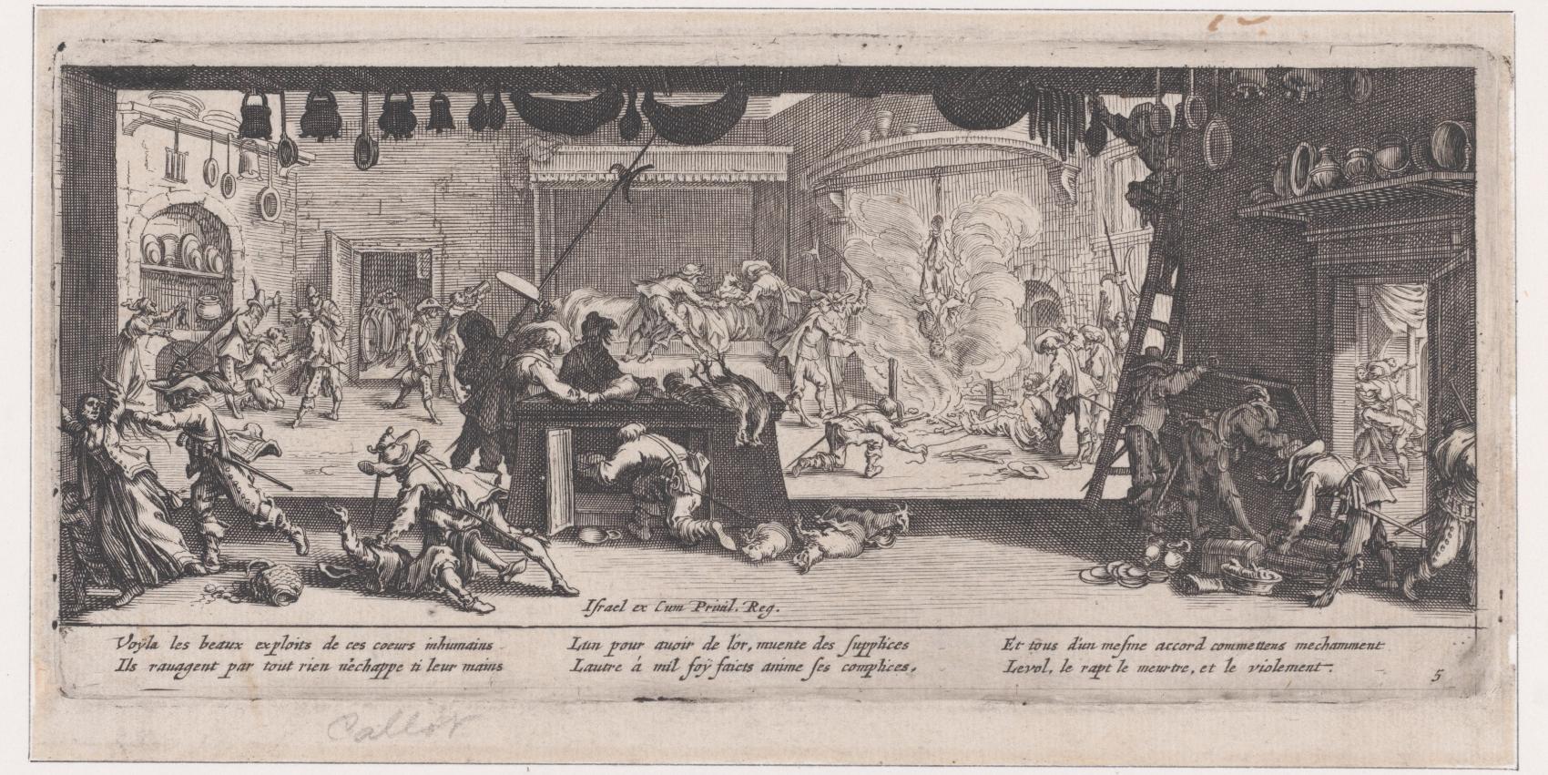 „Le Pillage d’une Ferme“ (Das Plündern einer Farm), Radierung, Platte 5 aus Les Misères et les Mal-Heures de la Guerre von Jacques Callot, 1633. Die Szene zeigt den Übergriff marodierender Soldaten auf eine bäuerliche Hofanlage. Neben der Plünderung macht Callot auch Formen geschlechtsspezifischer Gewalt sichtbar: Frauen werden gezielt bedroht, bedrängt und wirken in ihrer Schutzlosigkeit ausgeliefert, was die strukturelle Dimension sexualisierter Gewalt im Krieg offenlegt.