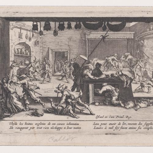 „Le Pillage d’une Ferme“ (Das Plündern einer Farm), Radierung, Platte 5 aus Les Misères et les Mal-Heures de la Guerre von Jacques Callot, 1633. Die Szene zeigt den Übergriff marodierender Soldaten auf eine bäuerliche Hofanlage. Neben der Plünderung macht Callot auch Formen geschlechtsspezifischer Gewalt sichtbar: Frauen werden gezielt bedroht, bedrängt und wirken in ihrer Schutzlosigkeit ausgeliefert, was die strukturelle Dimension sexualisierter Gewalt im Krieg offenlegt.