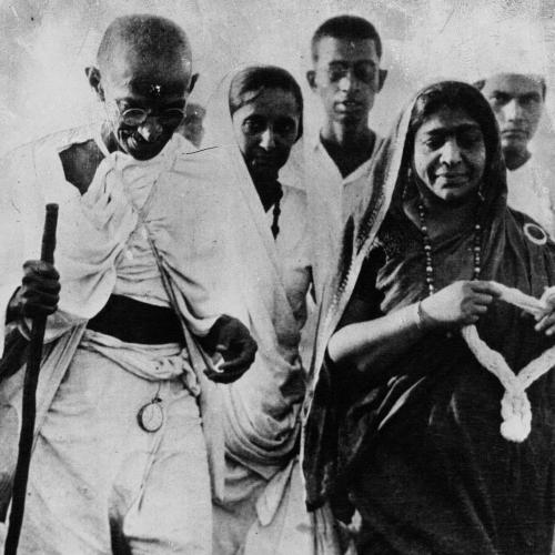 Gandhi and Mrs Sarojini Naidu. Picture taken during the Salt March.