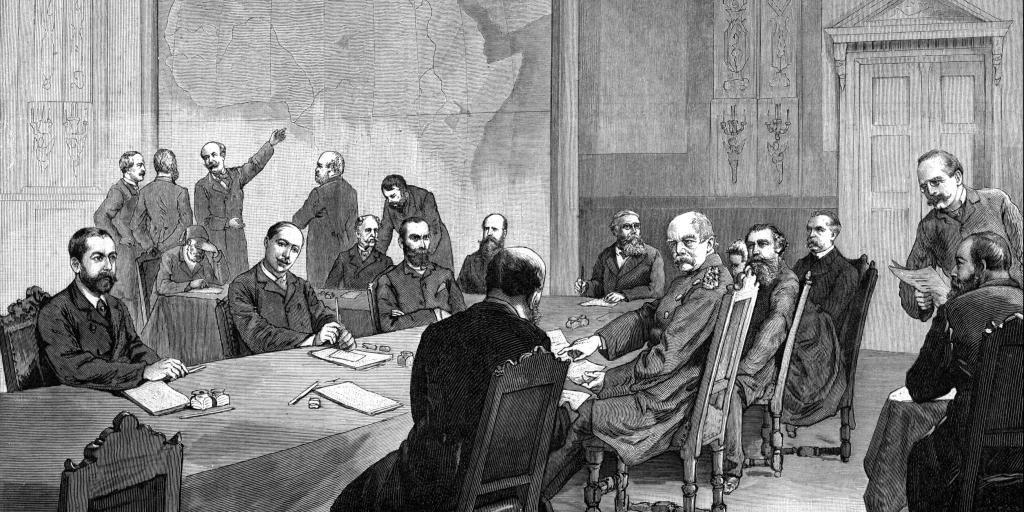 Zeichnung von Adalbert von Rößler der Teilnehmer der Kongokonferenz in 1884.
