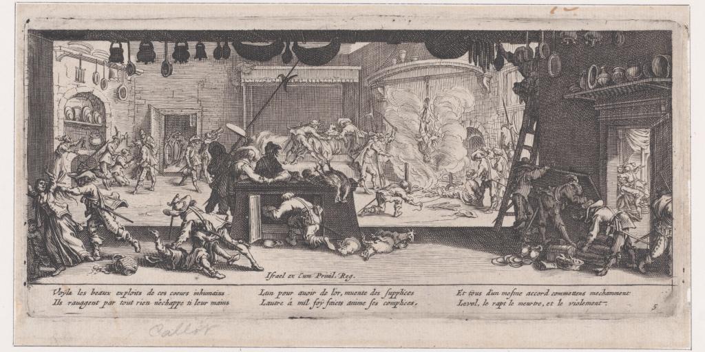 „Le Pillage d’une Ferme“ (Das Plündern einer Farm), Radierung, Platte 5 aus Les Misères et les Mal-Heures de la Guerre von Jacques Callot, 1633. Die Szene zeigt den Übergriff marodierender Soldaten auf eine bäuerliche Hofanlage. Neben der Plünderung macht Callot auch Formen geschlechtsspezifischer Gewalt sichtbar: Frauen werden gezielt bedroht, bedrängt und wirken in ihrer Schutzlosigkeit ausgeliefert, was die strukturelle Dimension sexualisierter Gewalt im Krieg offenlegt.
