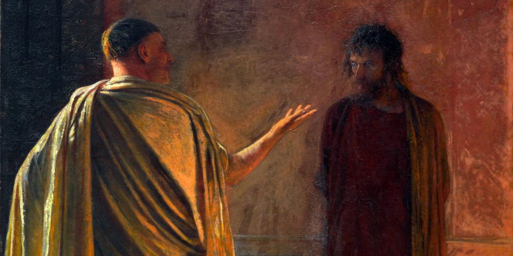 Jesus Christus steht vor Pontius Pilatus. "Was ist Wahrheit?" ist im Johannes-Evangelium die Antwort des Pontius Pilatus auf Jesu Aussage, er sei in die Welt gekommen, "dass ich für die Wahrheit Zeugnis ablege". Gemälde: Nikolai Ge, Was ist Wahrheit? Christus vor Pilatus, 1890, Öl auf Leinwand, Moskau, Tretjakow-Galerie, Public Domain, Wikimedia Commons.