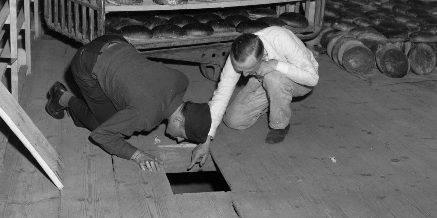U.S. federal government, U.S. Lt. Robert R, Rogers, left, and Erich Pinkau, of the German criminal police, inspect the bakery and the hiding place of Leipke Distel, a member of Jewish revenge group Nakam, who had tried to poison loaves of bread for SS prisoners, 1946