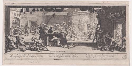 „Le Pillage d’une Ferme“ (Das Plündern einer Farm), Radierung, Platte 5 aus Les Misères et les Mal-Heures de la Guerre von Jacques Callot, 1633. Die Szene zeigt den Übergriff marodierender Soldaten auf eine bäuerliche Hofanlage. Neben der Plünderung macht Callot auch Formen geschlechtsspezifischer Gewalt sichtbar: Frauen werden gezielt bedroht, bedrängt und wirken in ihrer Schutzlosigkeit ausgeliefert, was die strukturelle Dimension sexualisierter Gewalt im Krieg offenlegt.