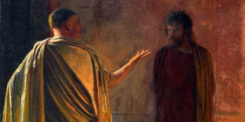 Jesus Christus steht vor Pontius Pilatus. "Was ist Wahrheit?" ist im Johannes-Evangelium die Antwort des Pontius Pilatus auf Jesu Aussage, er sei in die Welt gekommen, "dass ich für die Wahrheit Zeugnis ablege". Gemälde: Nikolai Ge, Was ist Wahrheit? Christus vor Pilatus, 1890, Öl auf Leinwand, Moskau, Tretjakow-Galerie, Public Domain, Wikimedia Commons.