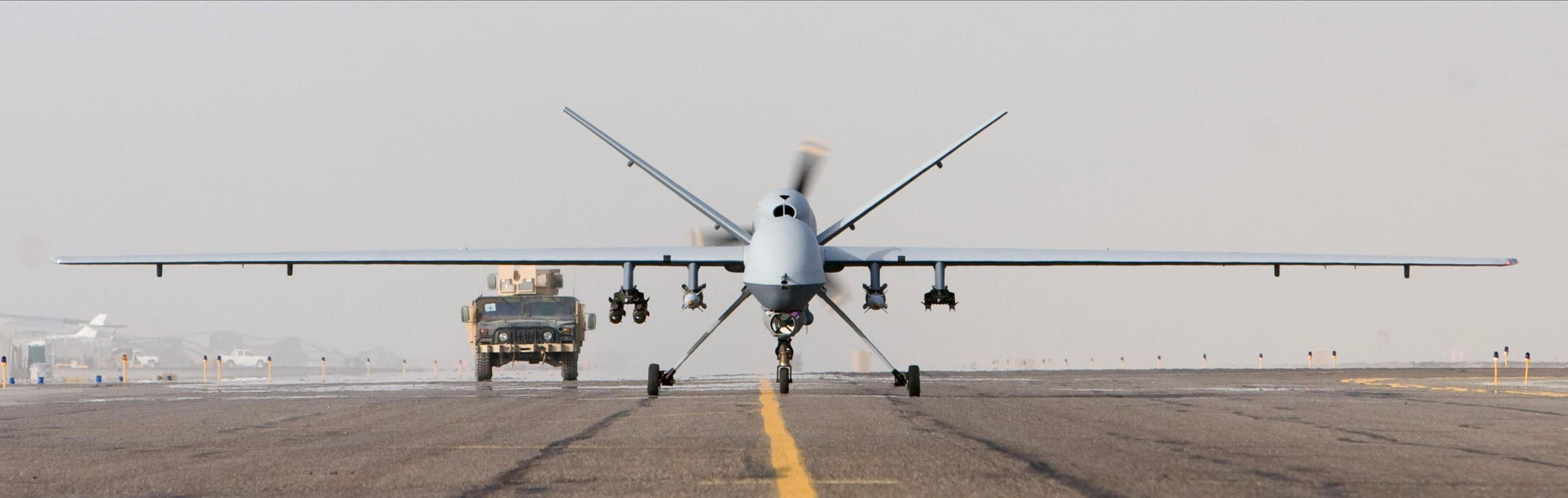 MQ-9 Reaper taxiing after a mission in Afghanistan, 1 October 2007. Photo by U.S. Air Force (Public Domain); Wikimedia Commons.
